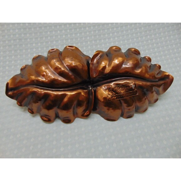 Gregorian Solid Copper Double Leaf Candy Nut Dish - Fall Decor Tray - Picture 2 of 5